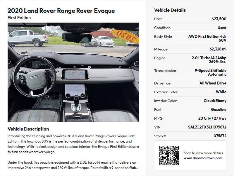 land rover range rover evoque 2020 SALZL2FX5LH075872 image land rover range rover evoque 2020 SALZL2FX5LH075872 image